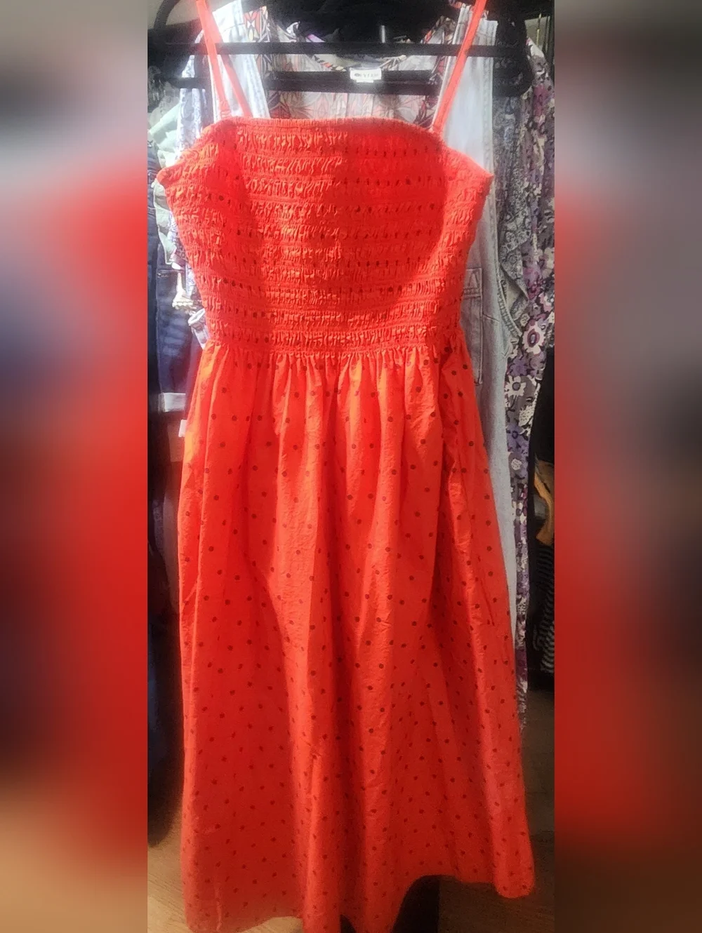 Red Smocked Midi Dress with Black Polka Dots - Picture 2 of 5